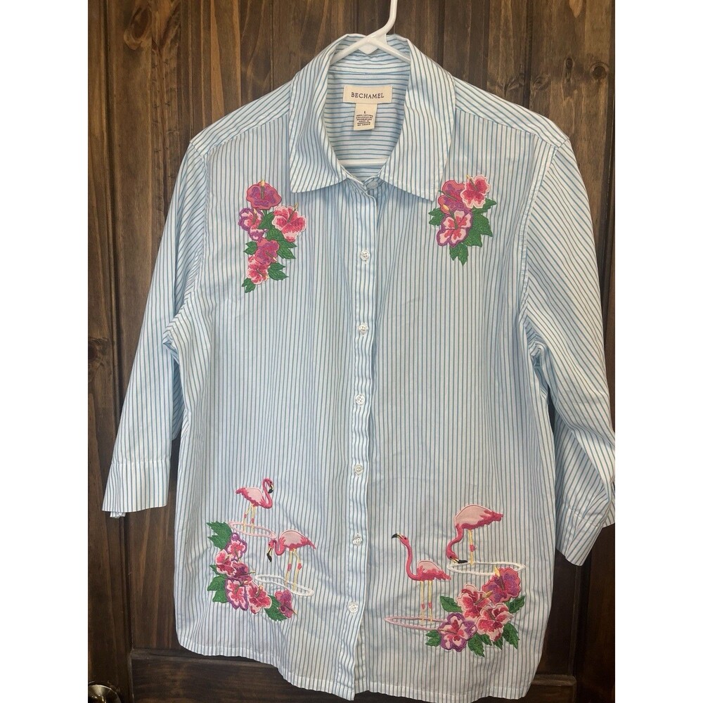 Bechamel Pink Flamingo Shirt Blouse Blue Stripe Women’s Lg Embroidered Button Up